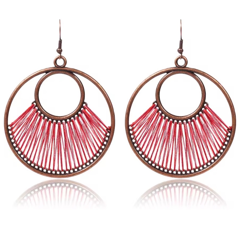 Earrings Boho Red Thread Circle Drop 2 Inches NEW